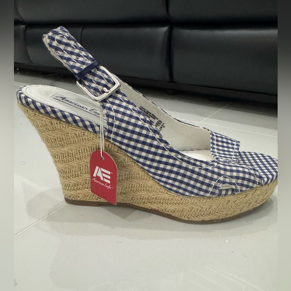 American Eagle Outfitters Blue Gingham Wedge Sandals